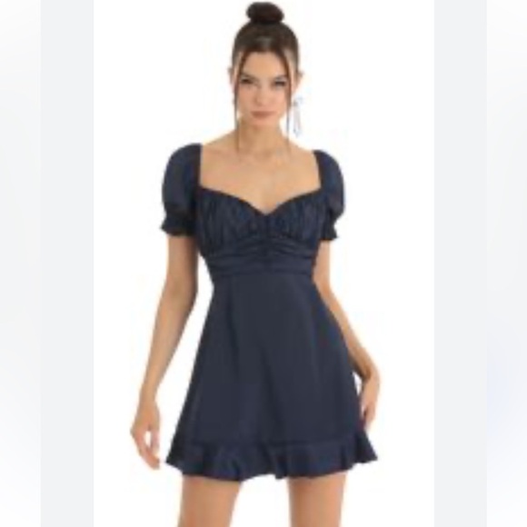 Lucy in the Sky Satin Fit and Flare Puff Sleeve Mini Dress Navy Tie Back XS - Picture 1 of 10